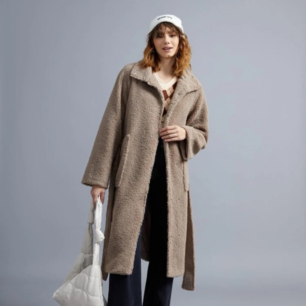 SHEIN Lapel Neck Belted Fuzzy Coat Brown Long Trench Coat (like vintage) NWT